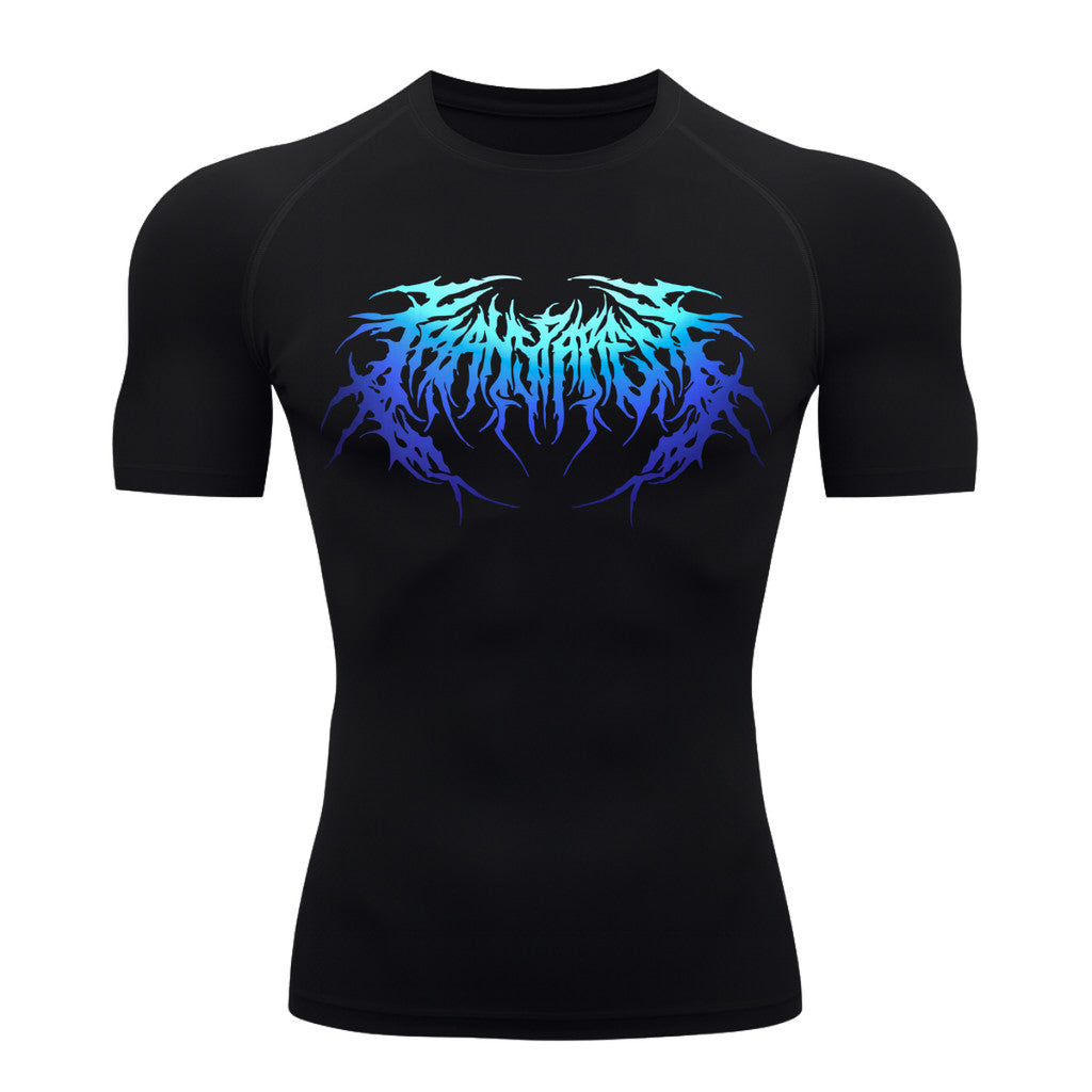 Camiseta Compressão Manga Curta Cyber Tribal Degradê Estilo Futurista Moda Alternativa Rash Guard