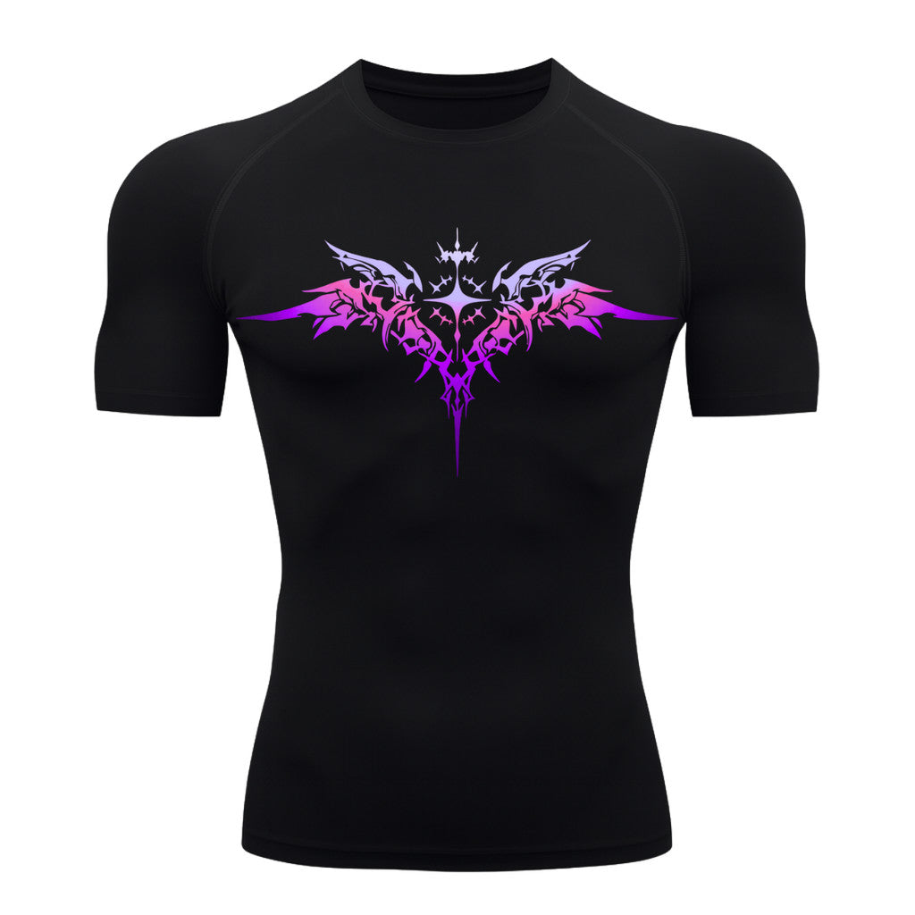 Camiseta Compressão Manga Curta Cyber Tribal Degradê Estilo Futurista Moda Alternativa Rash Guard