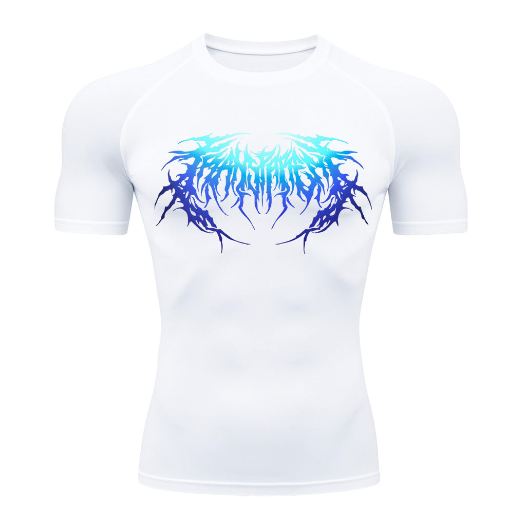 Camiseta Compressão Manga Curta Cyber Tribal Degradê Estilo Futurista Moda Alternativa Rash Guard