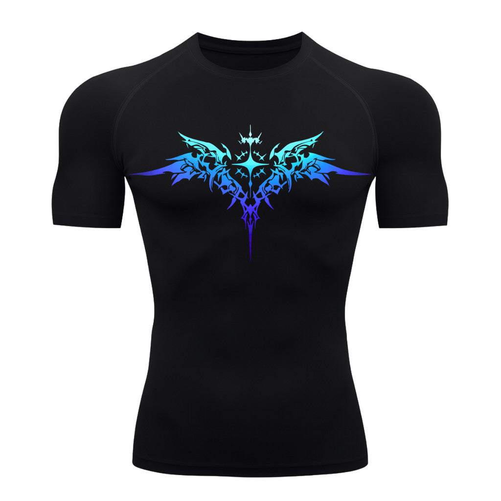 Camiseta Compressão Manga Curta Cyber Tribal Degradê Estilo Futurista Moda Alternativa Rash Guard
