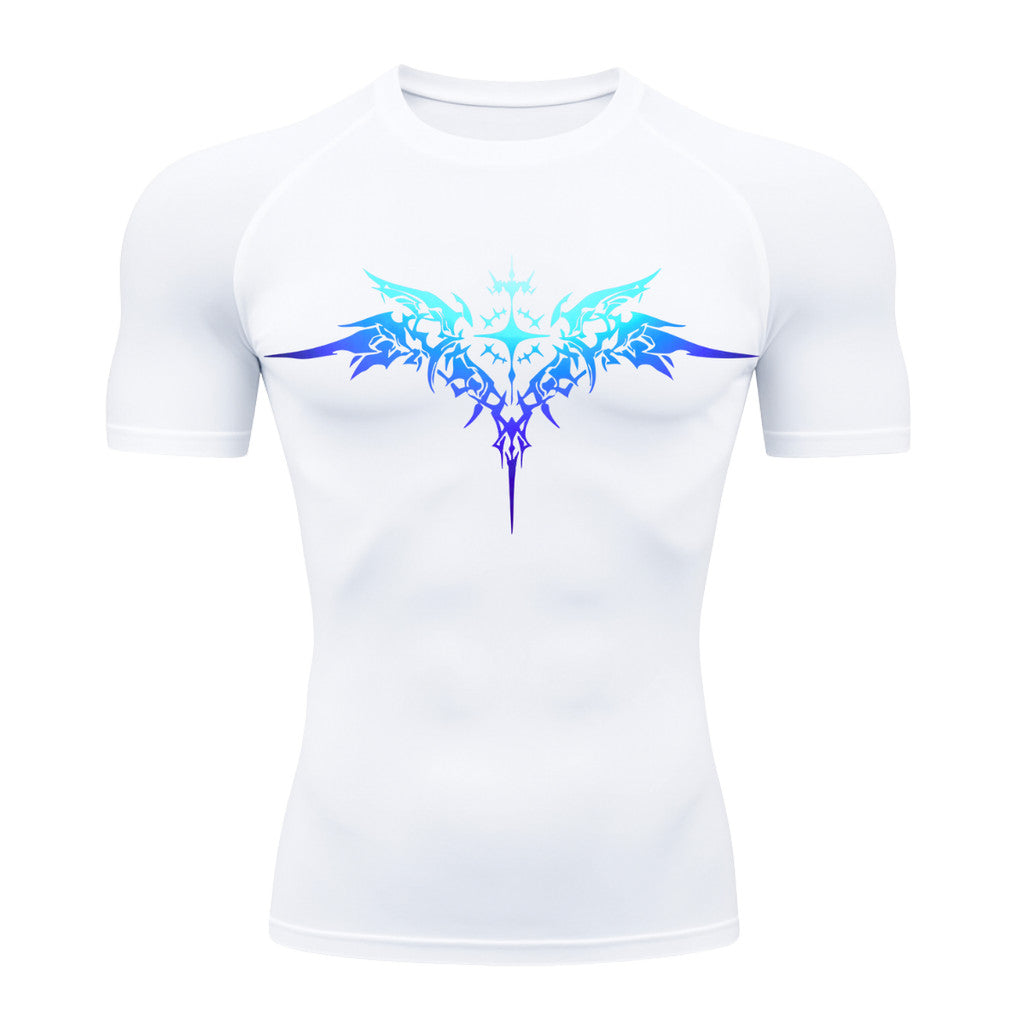 Camiseta Compressão Manga Curta Cyber Tribal Degradê Estilo Futurista Moda Alternativa Rash Guard