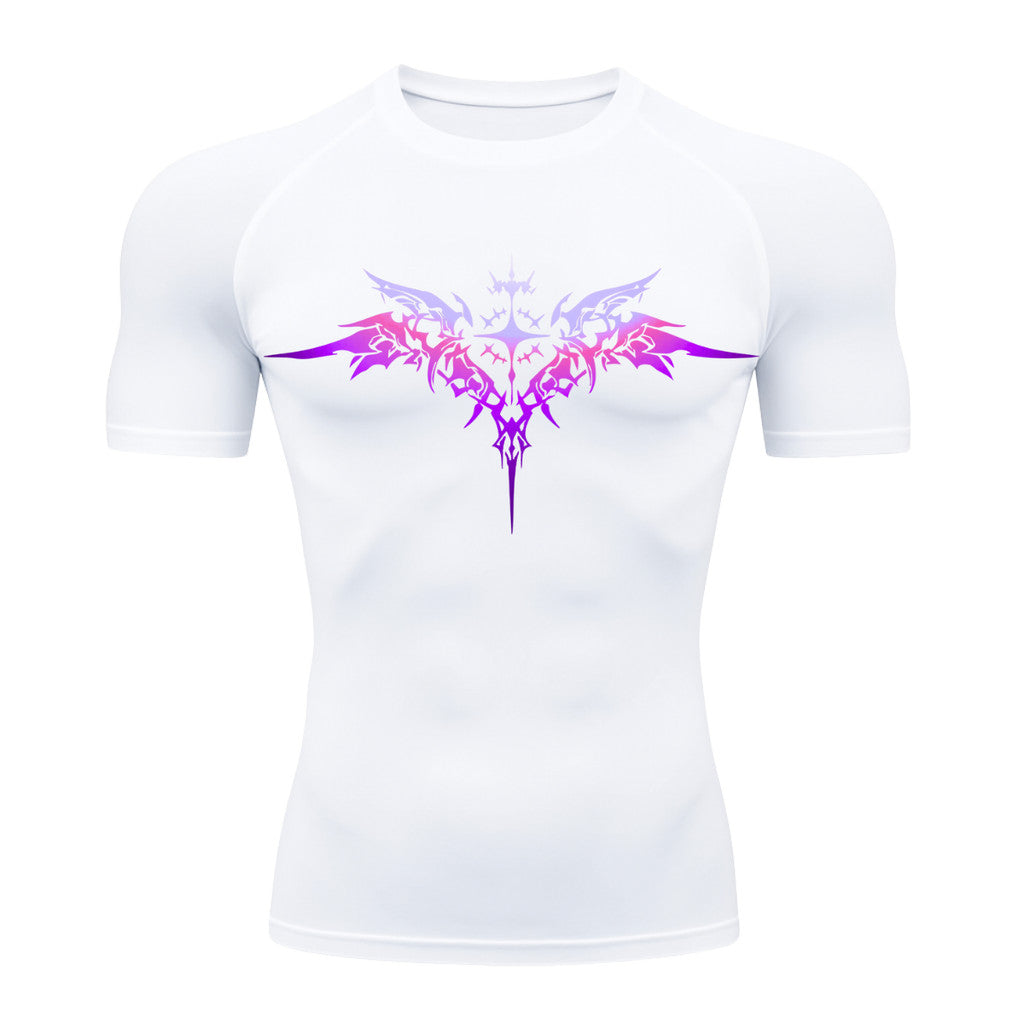 Camiseta Compressão Manga Curta Cyber Tribal Degradê Estilo Futurista Moda Alternativa Rash Guard