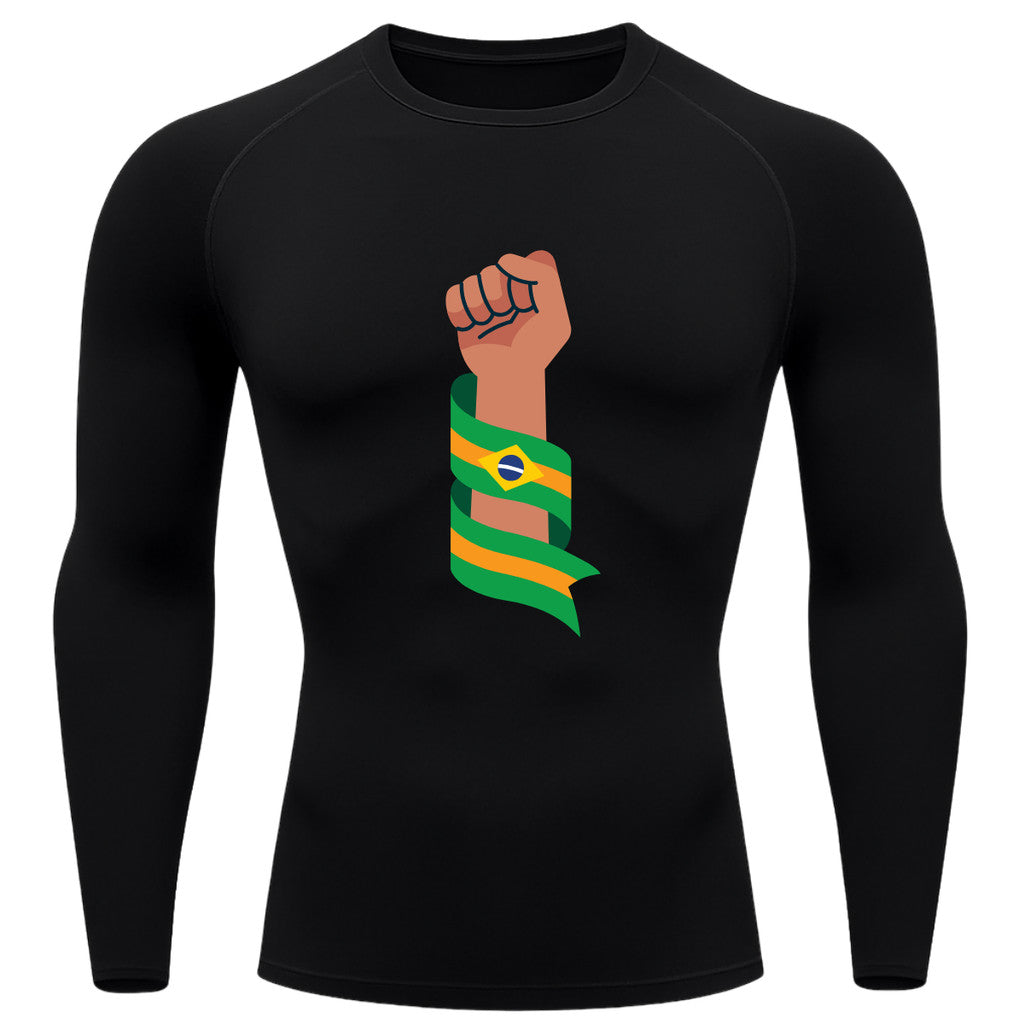 Camiseta Compressão Manga Longa Proteção UV Resistência Força Brasil Colorido Varias Cores
