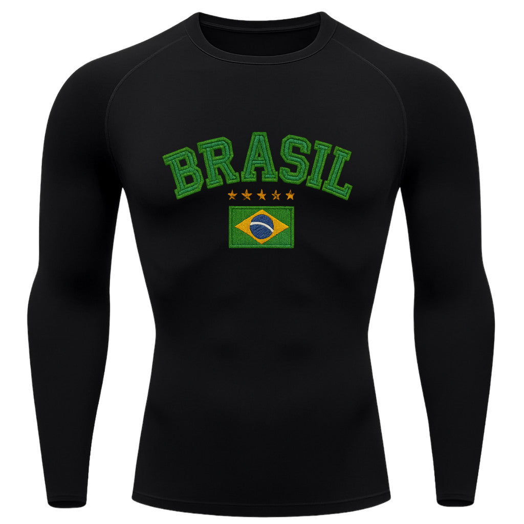 Camiseta Compressão Manga Longa UV Brasil Bandeira Estilo Bordado Colorido Varias Cores Rash Guard