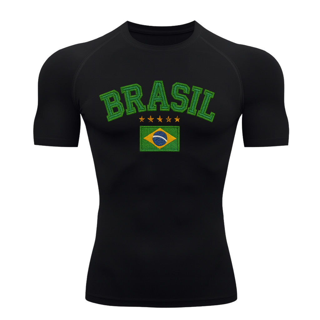 Camiseta Compressão Manga Curta UV Brasil Bandeira Estilo Bordado Colorido Varias Cores Rash Guard