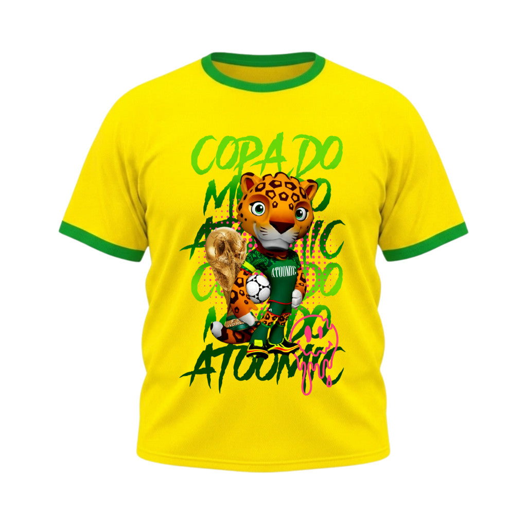 Camiseta Plus Size Manga Curta Gola E Manga Colorida UV Atoomic Mascote Onça Brasil Edition Copa