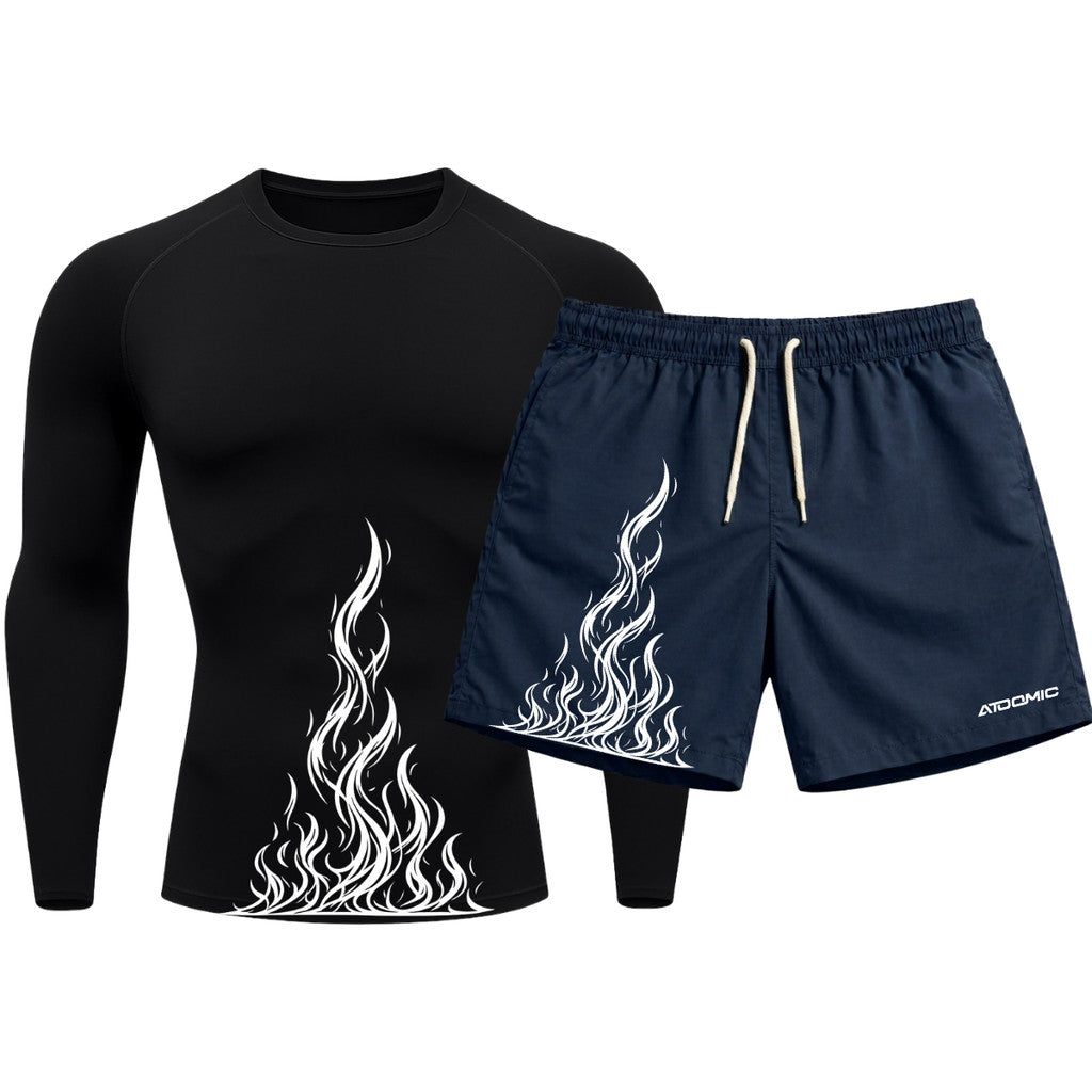 Kit Camiseta Térmica Manga Longa Uv E Bermuda Elastano Estampa Fire Ascension Rash Guard