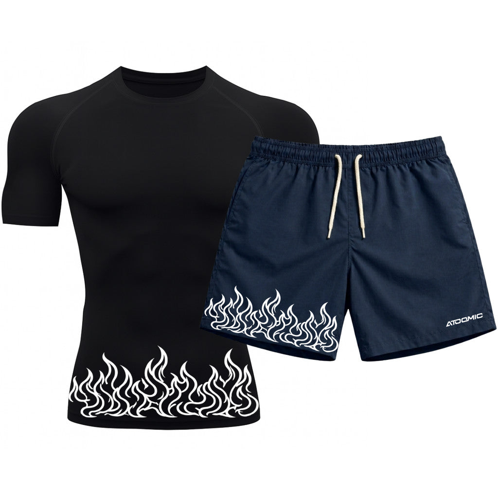 Kit Camiseta Térmica Manga Curta Uv E Bermuda Elastano Estampa Fire Line Blaze Rash Guard