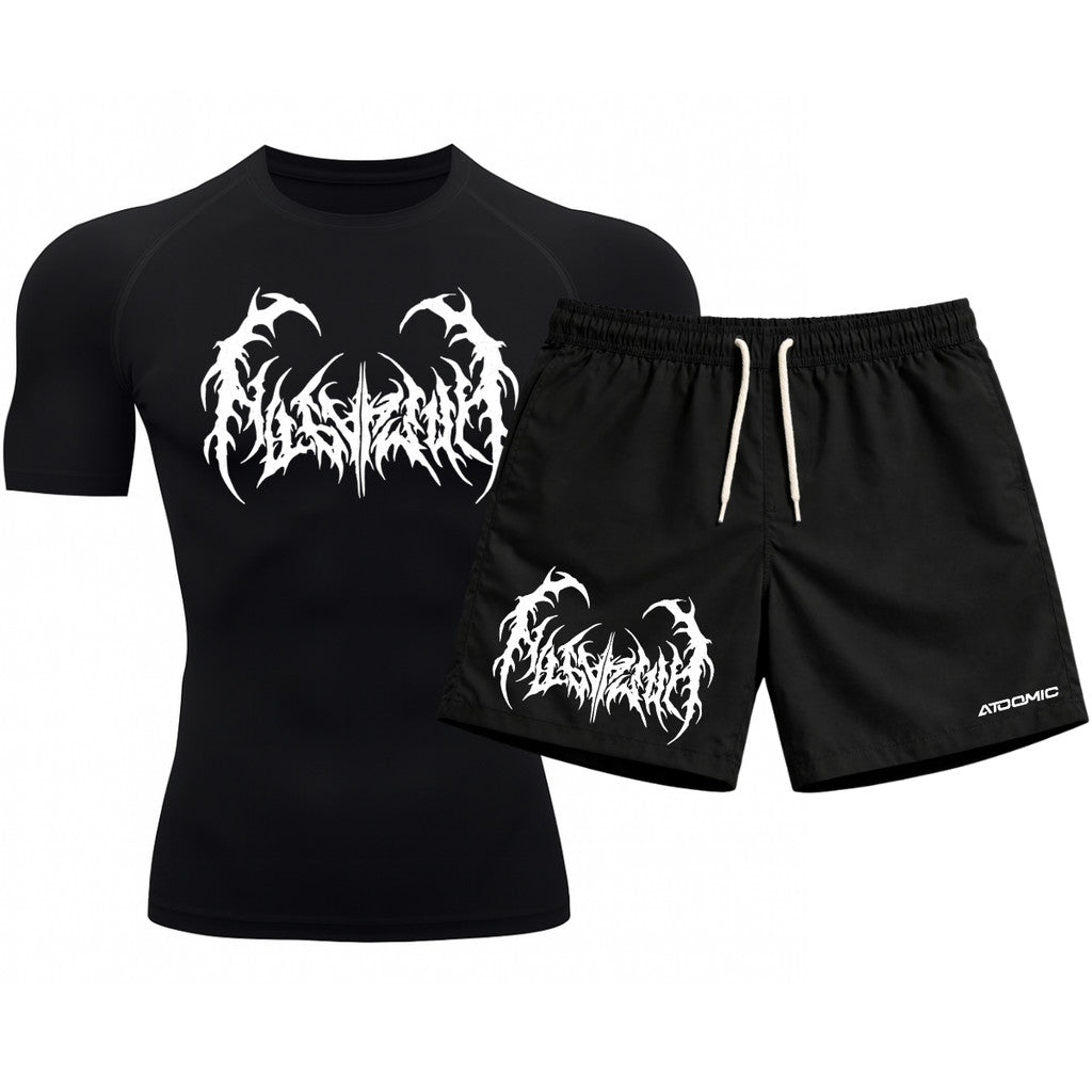 Kit Camiseta Térmica Manga Curta Uv E Bermuda Elastano Estampa Cyber Tribal Dark Metal Rash Guard