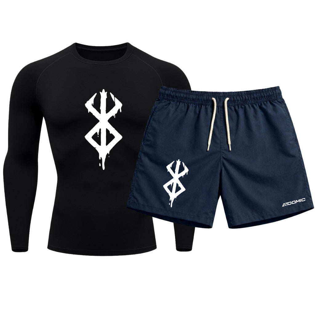 Kit Camiseta Térmica Manga Longa Uv E Bermuda Elastano Estampa Berderk Rash Guard