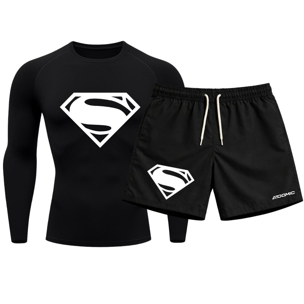 Kit Camiseta Térmica Manga Longa Uv E Bermuda Elastano Estampa Super Man Rash Guard
