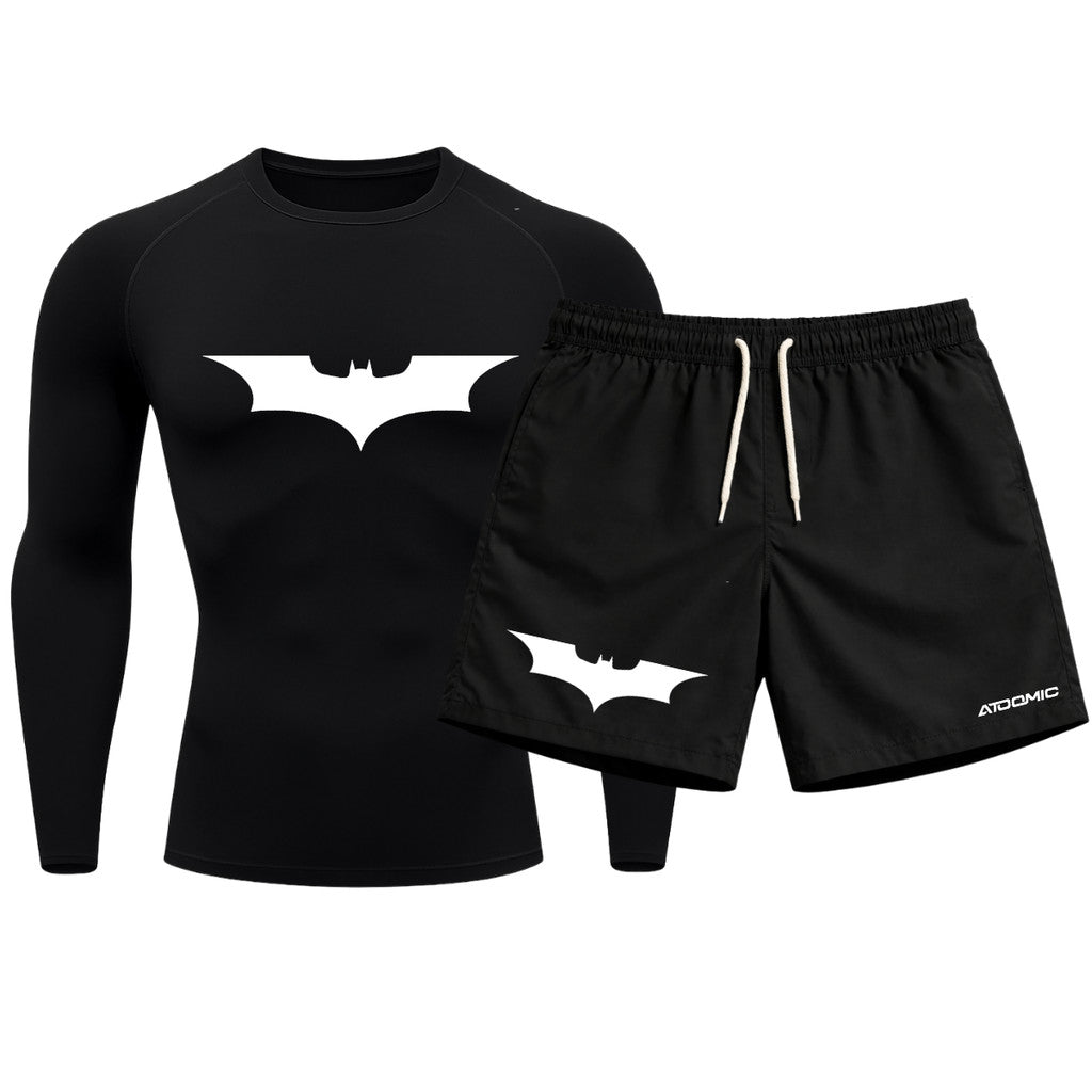 Kit Camiseta Térmica Manga Longa Uv E Bermuda Elastano Estampa Batman Rash Guard