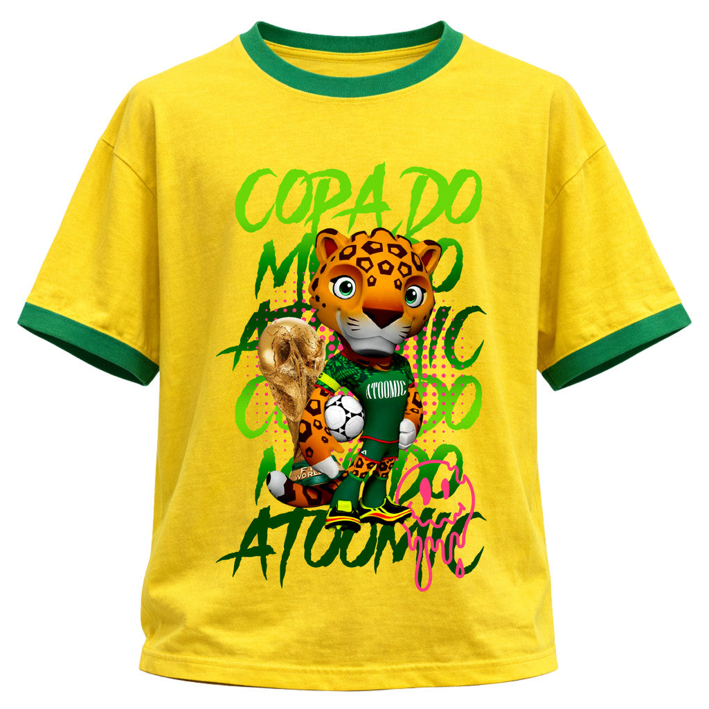 Camiseta Algodão Manga Curta Gola E Manga Colorida UV Atoomic Mascote Onça Brasil Edition Copa