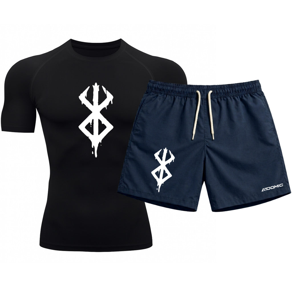 Kit Camiseta Térmica Manga Curta Uv E Bermuda Elastano Estampa Berderk Rash Guard