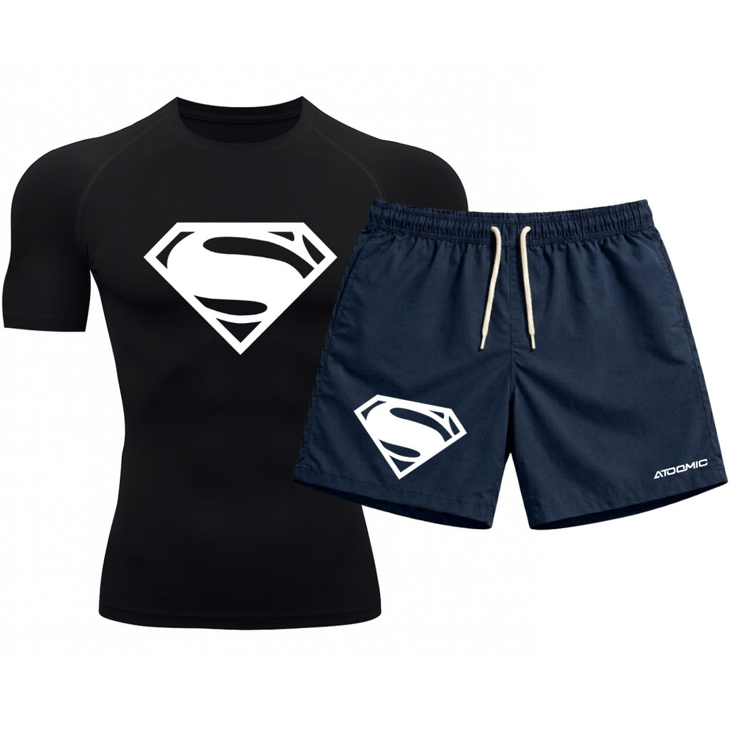 Kit Camiseta Térmica Manga Curta Uv E Bermuda Elastano Estampa Super Man Rash Guard