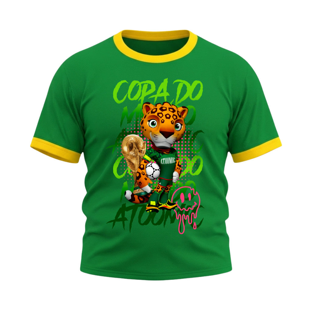 Camiseta Plus Size Manga Curta Gola E Manga Colorida UV Atoomic Mascote Onça Brasil Edition Copa