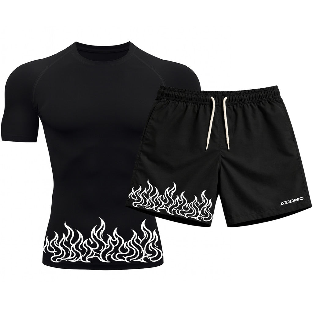 Kit Camiseta Térmica Manga Curta Uv E Bermuda Elastano Estampa Fire Line Blaze Rash Guard