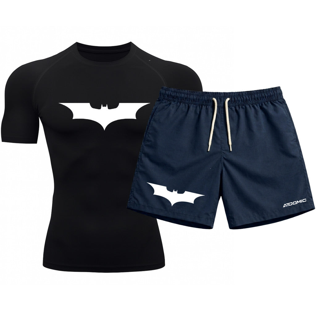 Kit Camiseta Térmica Manga Curta Uv E Bermuda Elastano Estampa Batman Rash Guard