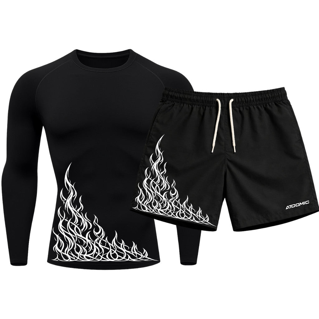 Kit Camiseta Térmica Manga Longa Uv E Bermuda Elastano Estampa Flame Velocity Rash Guard