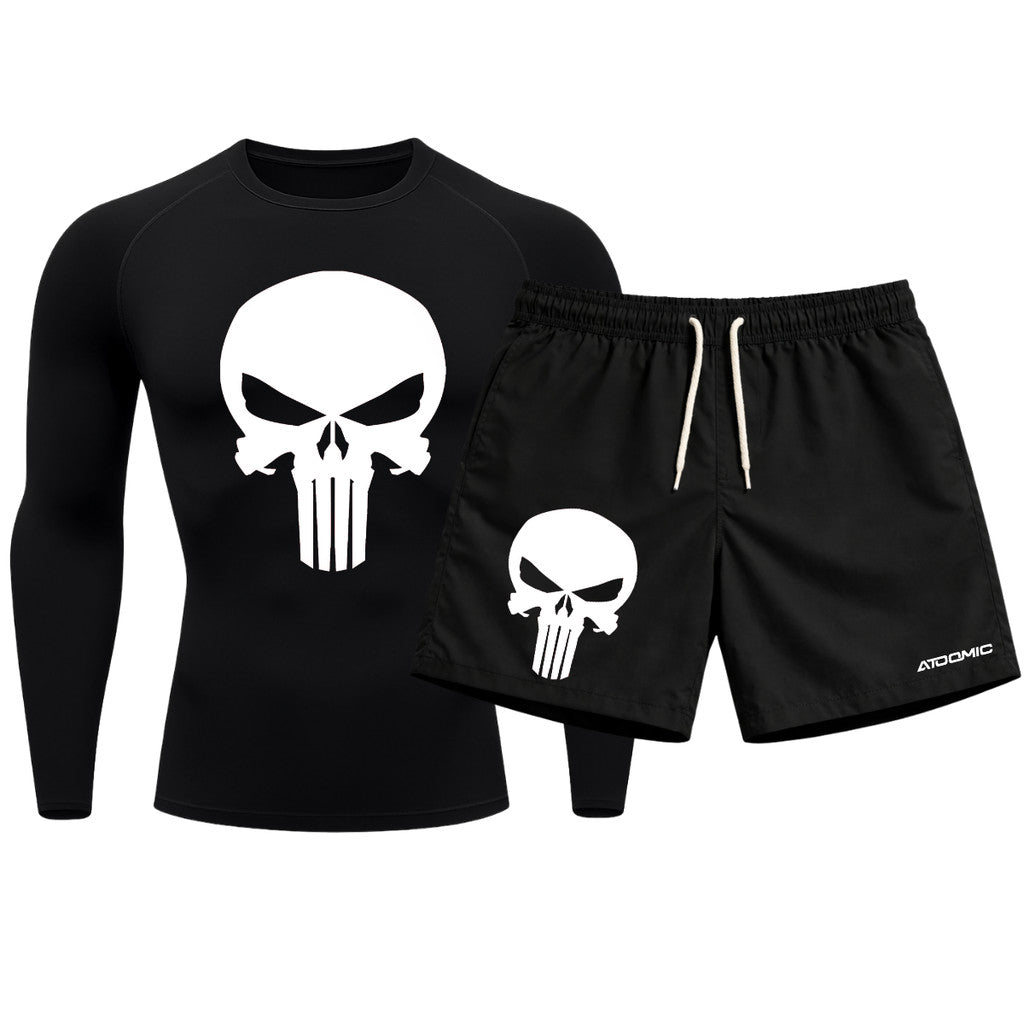 Kit Camiseta Térmica Manga Longa Uv E Bermuda Elastano Estampa Justiceiro Rash Guard