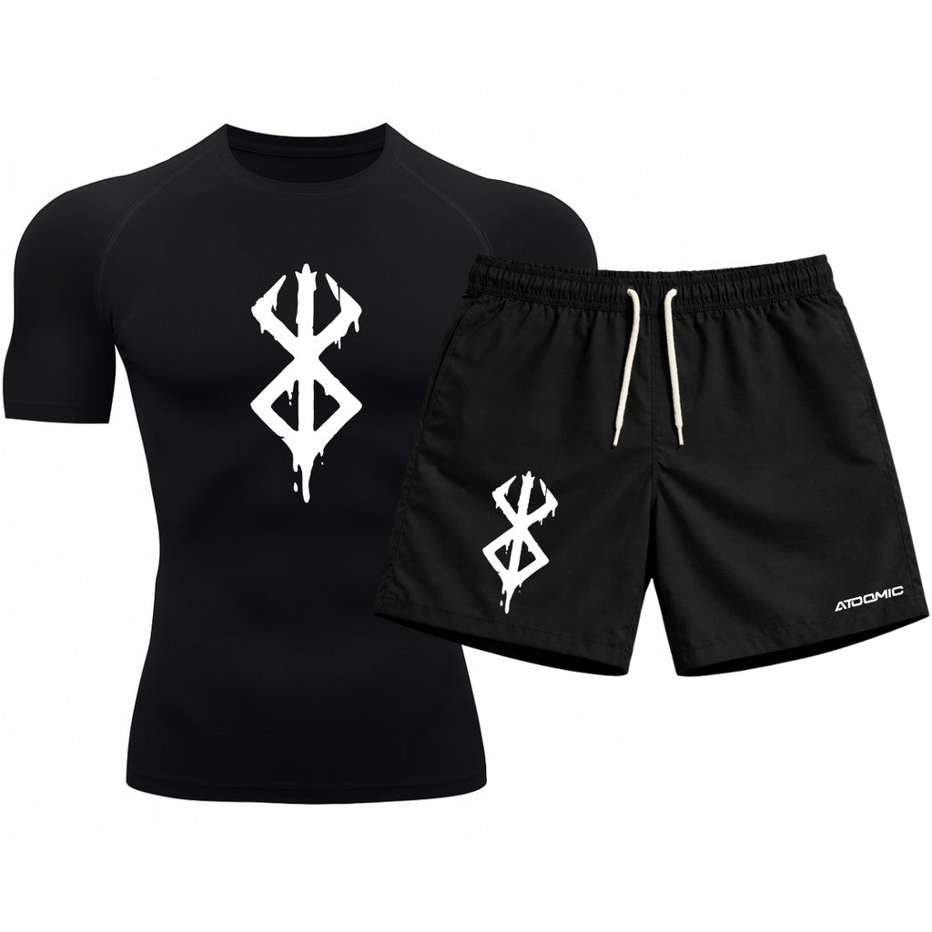 Kit Camiseta Térmica Manga Curta Uv E Bermuda Elastano Estampa Berderk Rash Guard