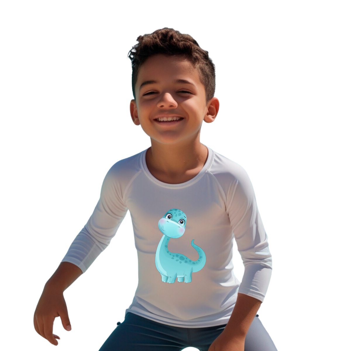 Camiseta Dinossauro Fofinho Azul Térmica Juvenil Infantil Proteção Solar Uv 50+ Estampada - 01