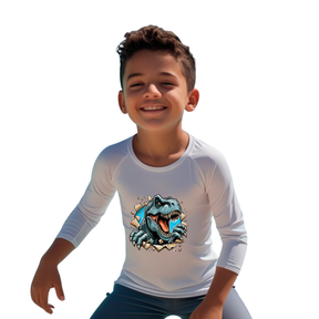 Camiseta Tiranossauro Rex Feroz Saindo Da Camisa Térmica Juvenil Infantil Proteção Solar Uv 50+ Estampada - 02