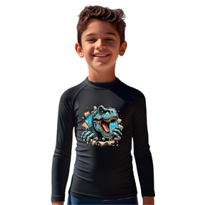 Camiseta Tiranossauro Rex Feroz Saindo Da Camisa Térmica Juvenil Infantil Proteção Solar Uv 50+ Estampada - 02