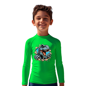 Camiseta Tiranossauro Rex Feroz Saindo Da Camisa Térmica Juvenil Infantil Proteção Solar Uv 50+ Estampada - 02