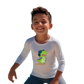 Camiseta Dinossauro Feliz Dançando Térmica Juvenil Infantil Proteção Solar Uv 50+ Estampada - 04