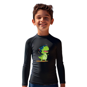 Camiseta Dinossauro Feliz Dançando Térmica Juvenil Infantil Proteção Solar Uv 50+ Estampada - 04