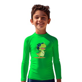 Camiseta Dinossauro Feliz Dançando Térmica Juvenil Infantil Proteção Solar Uv 50+ Estampada - 04