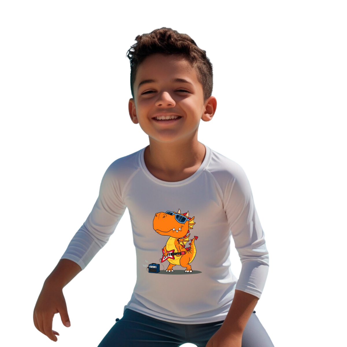 Camiseta Dinossauro Tocando Guitarra Térmica Preto Juvenil Infantil Proteção Solar Uv 50+ Estampada - 05