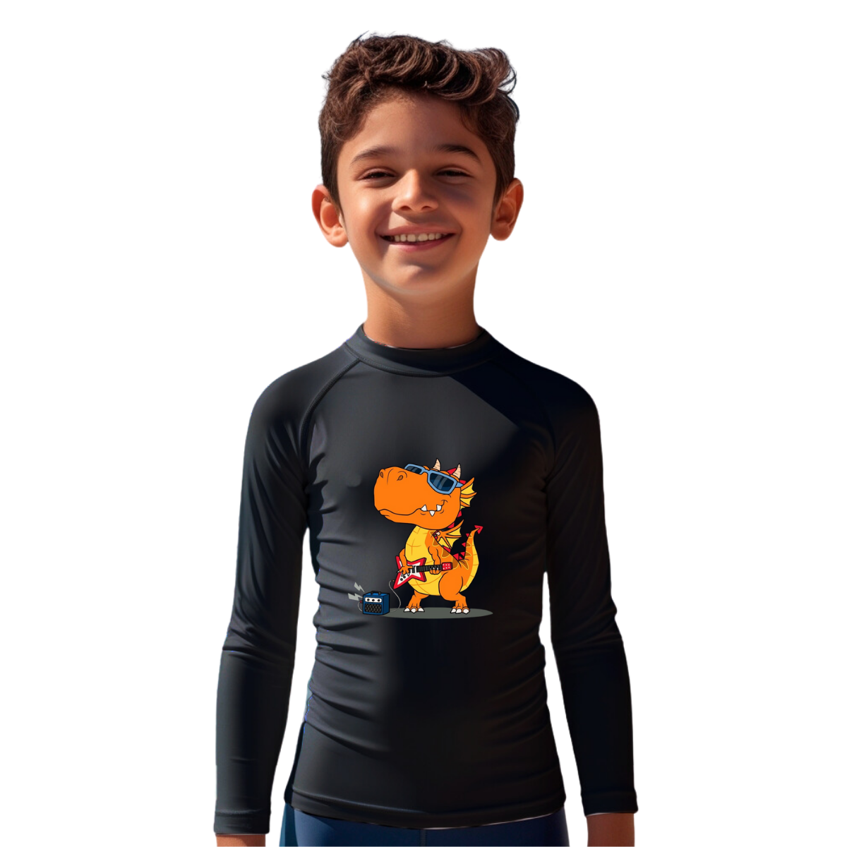 Camiseta Dinossauro Tocando Guitarra Térmica Preto Juvenil Infantil Proteção Solar Uv 50+ Estampada - 05