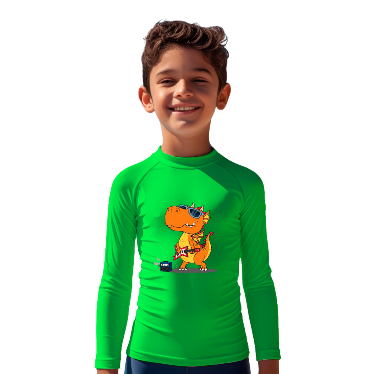 Camiseta Dinossauro Tocando Guitarra Térmica Preto Juvenil Infantil Proteção Solar Uv 50+ Estampada - 05