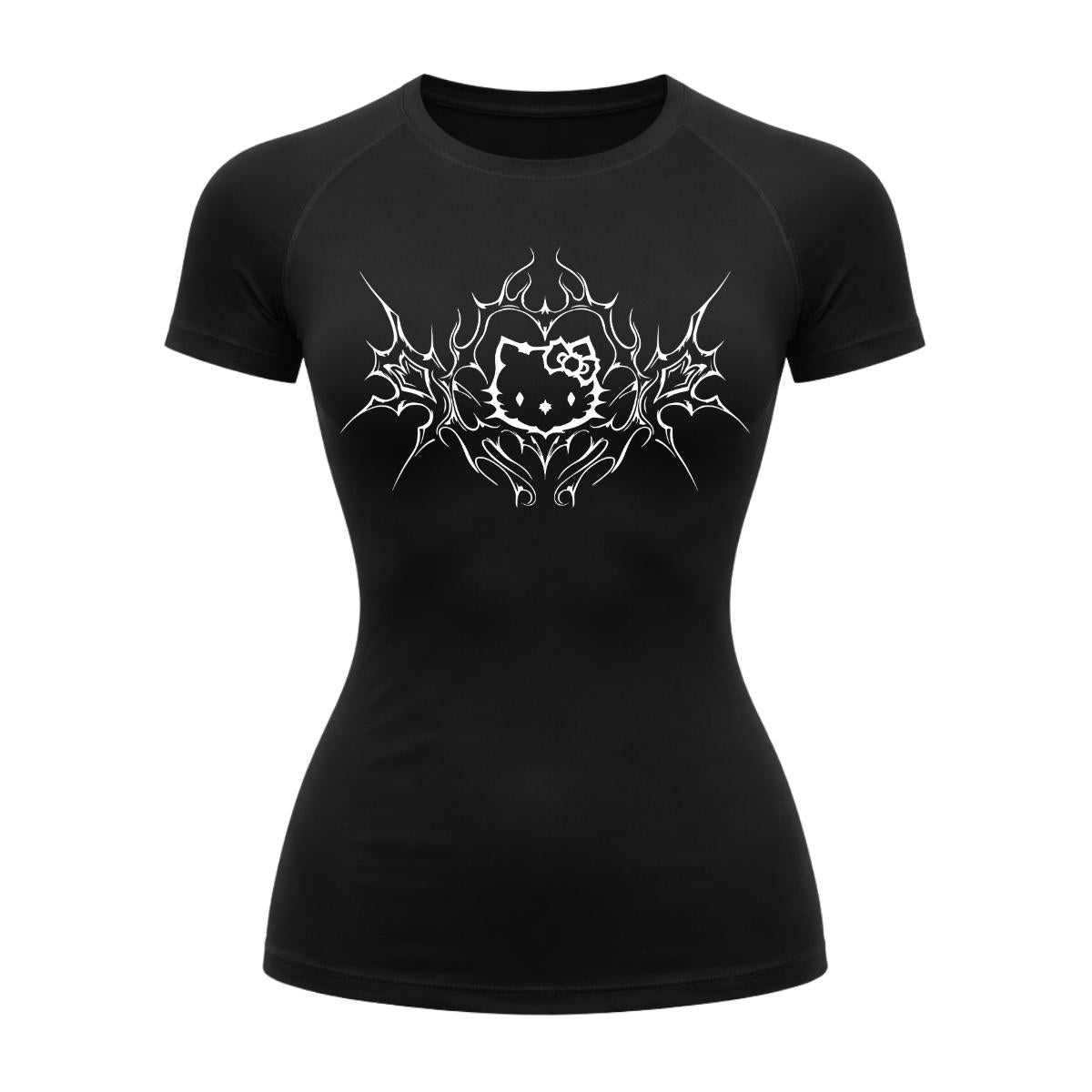 Camiseta Compressão Uv Manga Curta Cyber Tribal Black Heart Hello Kitty Rash Guard