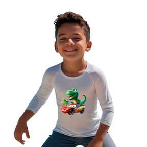 Camiseta Relâmpago Mcqueen Correndo com T-Rex Térmica Juvenil Infantil Proteção Solar Uv 50+ Estampada - 16