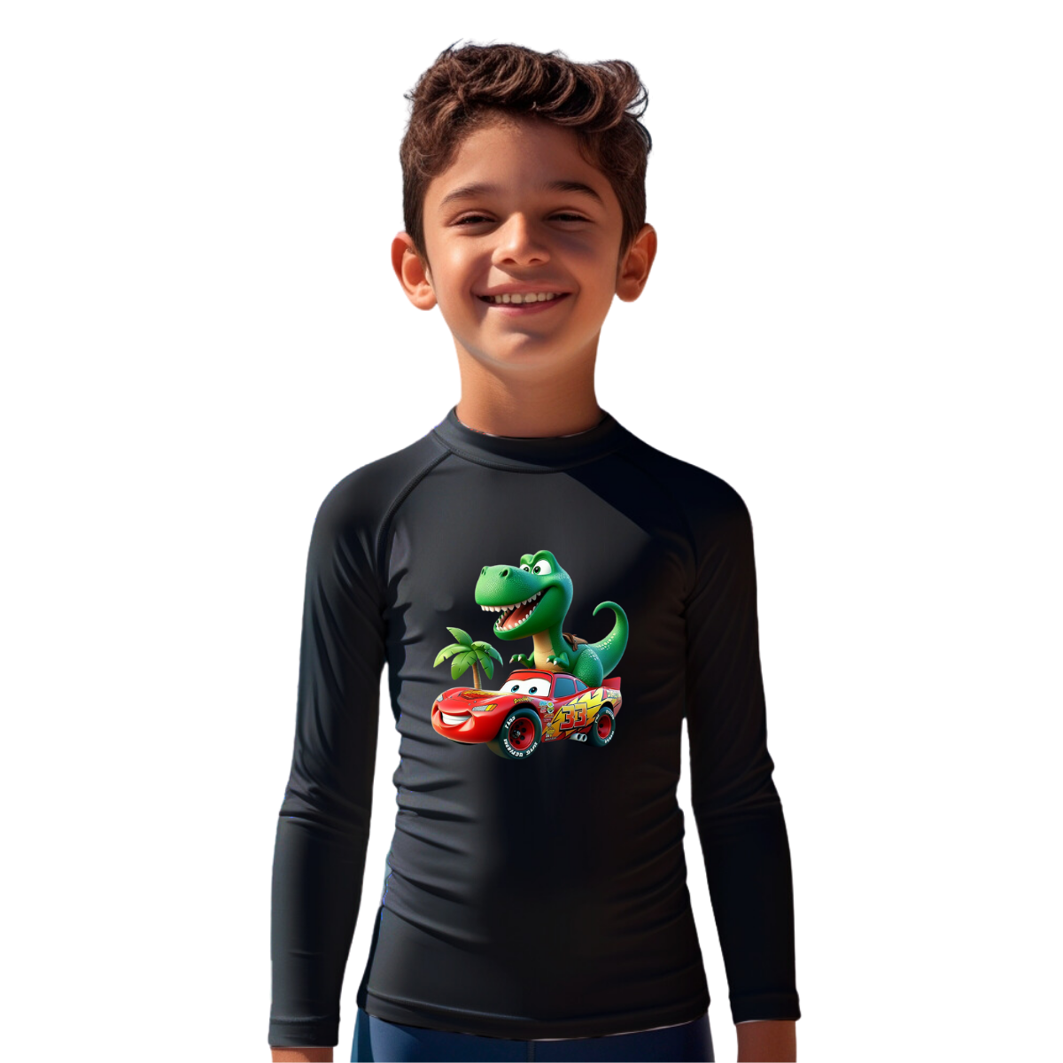 Camiseta Relâmpago Mcqueen Correndo com T-Rex Térmica Juvenil Infantil Proteção Solar Uv 50+ Estampada - 16