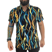 Camisa Viscose Preto com Linhas Coloridas