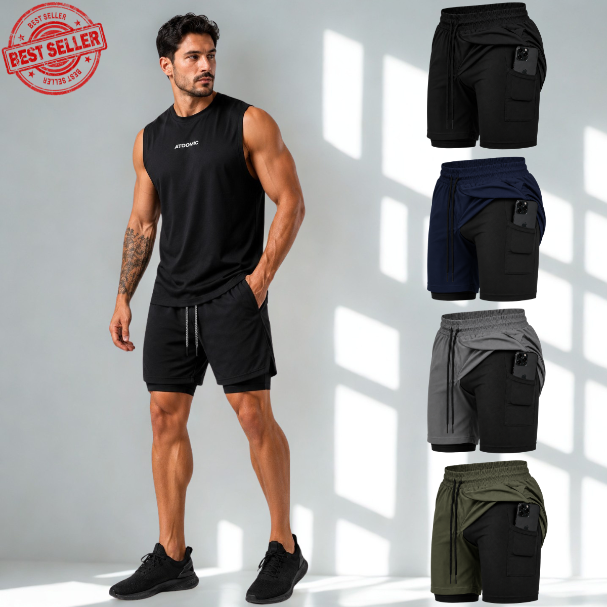 Shorts Bermuda 2 em 1 Com Short Interno Compressão Masculino
