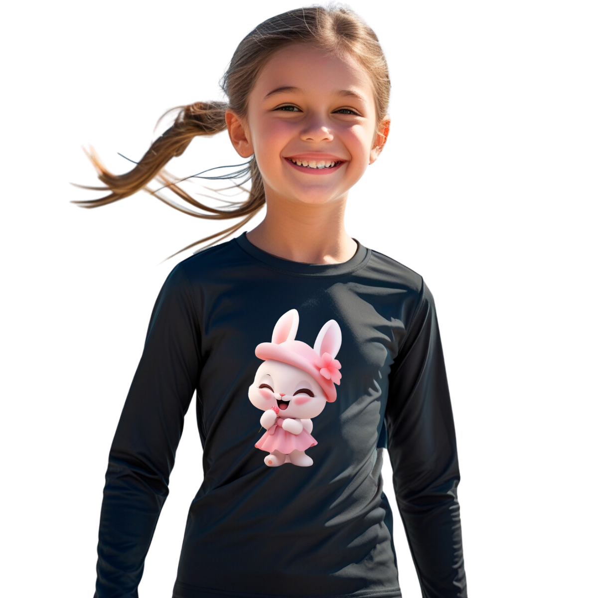 Camiseta Coelha Fofa Com Chapéu Rosa Térmica Juvenil Infantil Proteção Solar Uv 50+ Estampada - 09