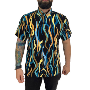 Camisa Viscose Preto com Linhas Coloridas