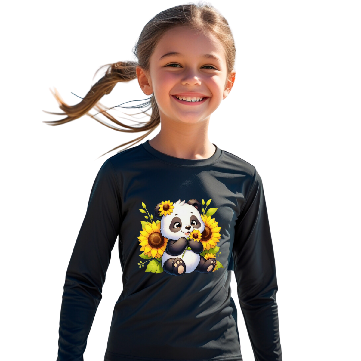 Camiseta Panda Fofo Com Girassóis Térmica Preto Juvenil Infantil Proteção Solar Uv 50+ Estampada - 18