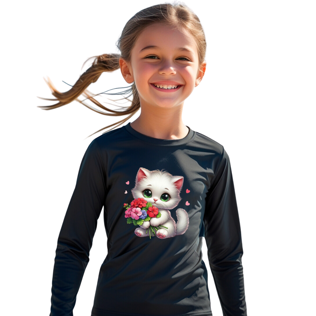 Camiseta Gatinho Branco Fofo Com Buquê De Flores Térmica Preto Juvenil Infantil Proteção Solar Uv 50+ Estampada - 20