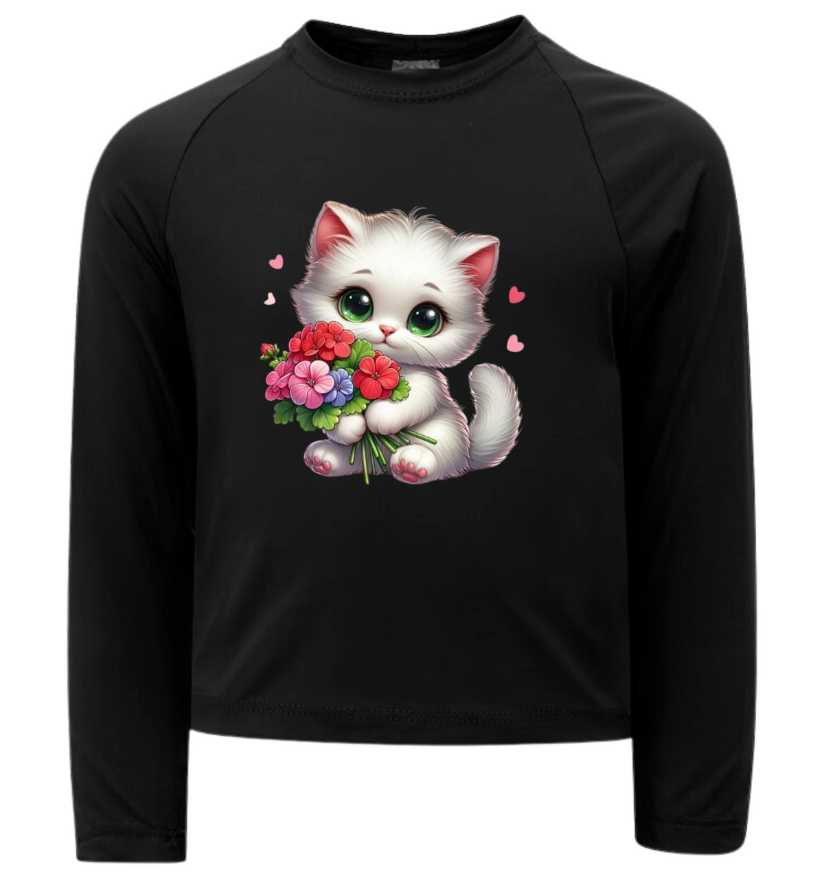 Camiseta Gatinho Branco Fofo Com Buquê De Flores Térmica Preto Juvenil Infantil Proteção Solar Uv 50+ Estampada - 20