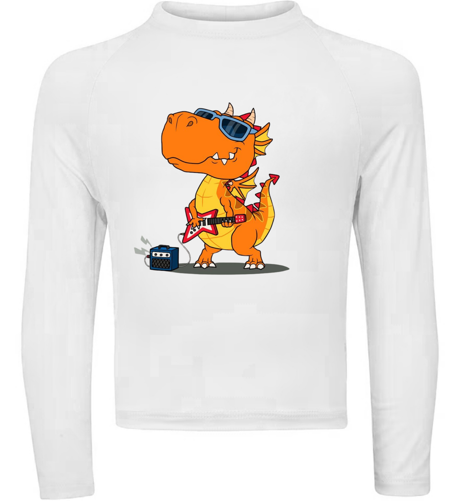 Camiseta Dinossauro Tocando Guitarra Térmica Preto Juvenil Infantil Proteção Solar Uv 50+ Estampada - 05