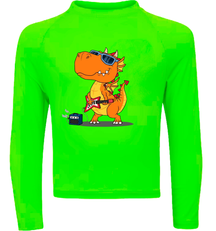 Camiseta Dinossauro Tocando Guitarra Térmica Preto Juvenil Infantil Proteção Solar Uv 50+ Estampada - 05