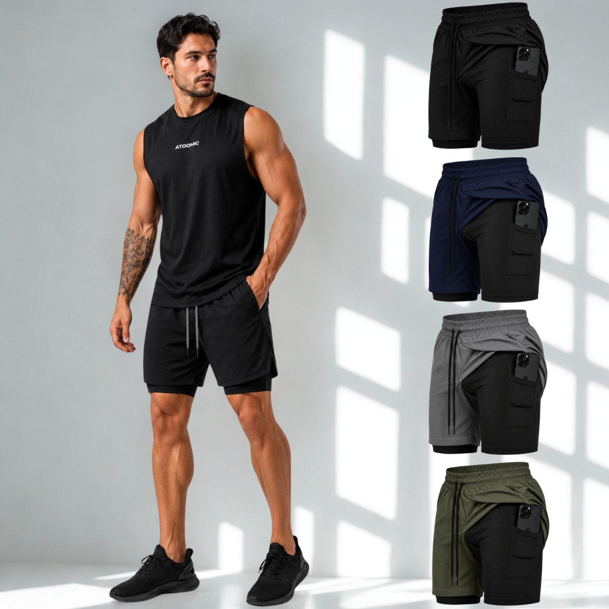 Shorts Bermuda 2 em 1 Com Shorts Interno Compressão