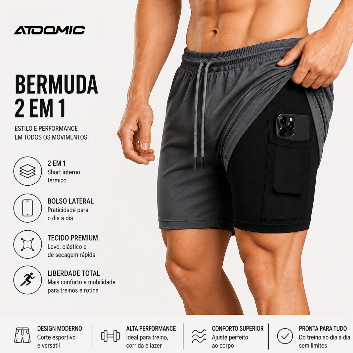 Shorts Bermuda 2 em 1 Com Shorts Interno Compressão