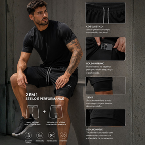 Shorts Bermuda 2 em 1 Com Shorts Interno Compressão